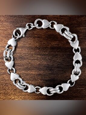 Vintage Heart Link Chain Bracelet Sterling Silver 925 Size 6.5inch